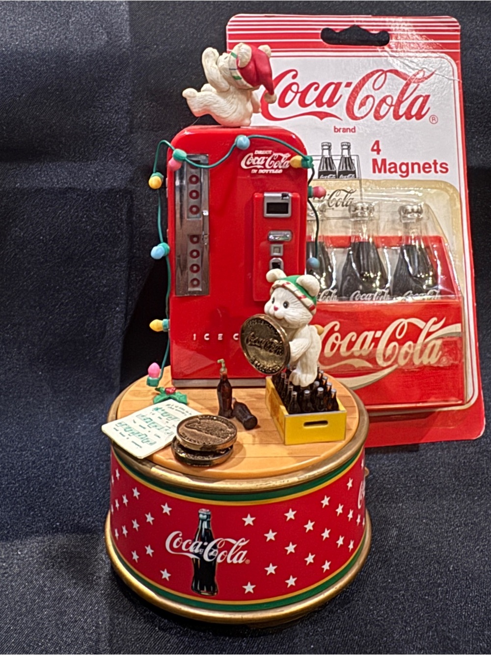 1995 Coca Cola Red Holiday Bear Music Box with Bottle Magnets Working